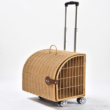 Artificial Rattan Wicker Travel Breathable Capsule Pet Carrier Bag Trolley Suitcase Portable Cat Dog Universal Case